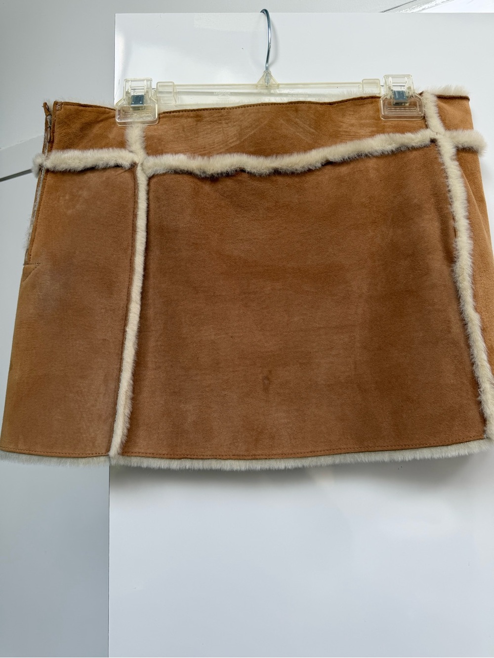 UGG Suede Camel Mini Skirt with Cream Shearling Trim